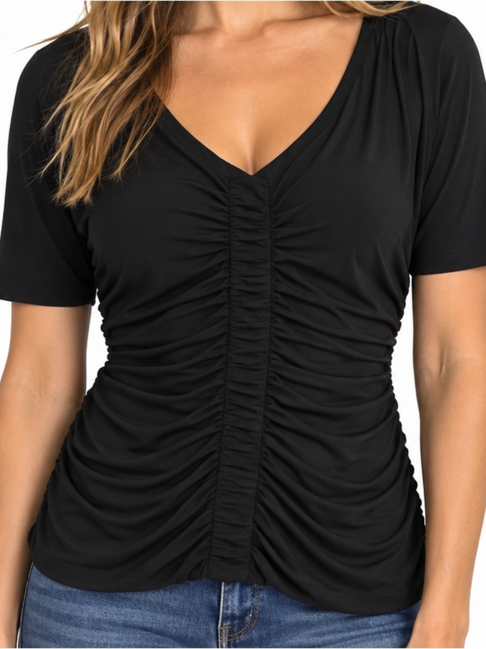 Lafayette 148 New York Black 100% Silk Ruched Short Sleeve Top Size L